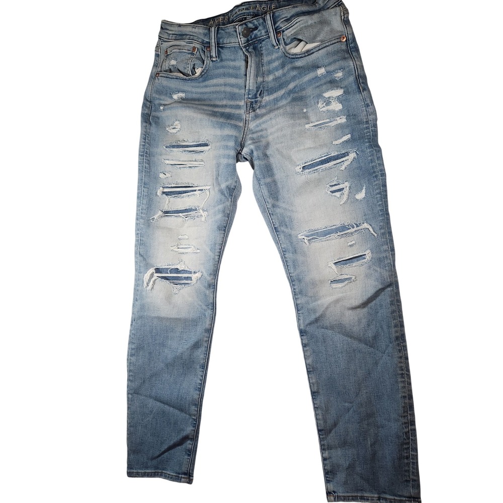 American Eagle Airflex+ Skinny Distressed Light Wash Jeans Mens 31x30 Ripped